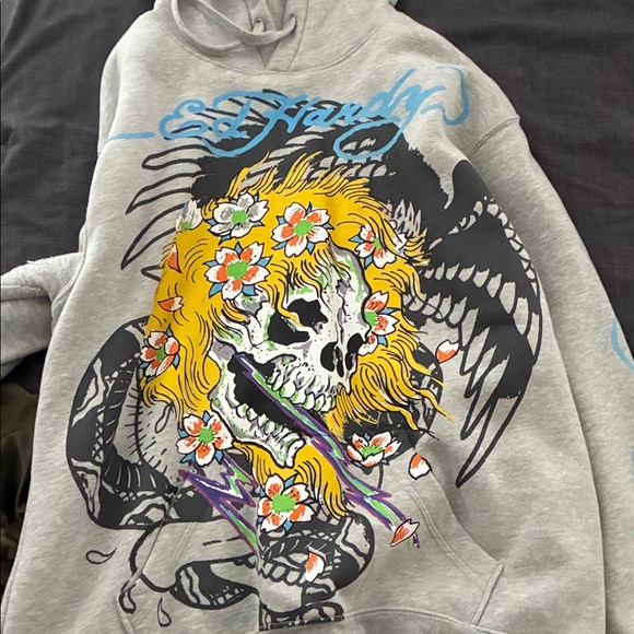 Ed Hardy Other - Ed Hardy Gray Hoodie with Skull and Floral Design